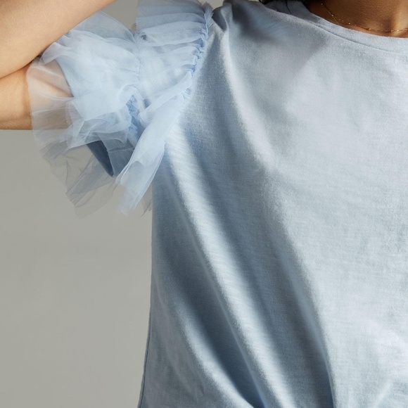 NWT Anthropologie Blue Ruffled Tulle Sleeve Top XSP - Picture 2 of 10
